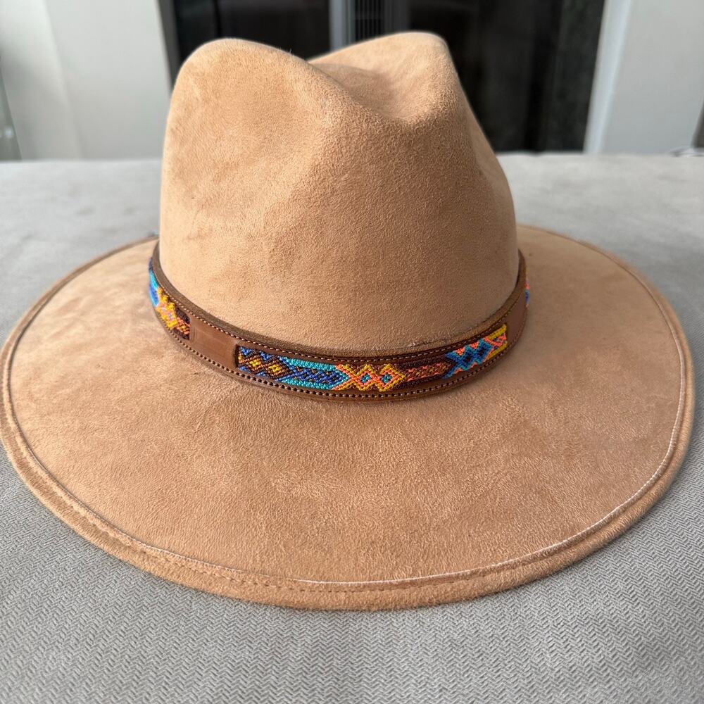 TALLA Tan Suede Wide Brim Western Hat w/ Handwoven Leather Band Size L